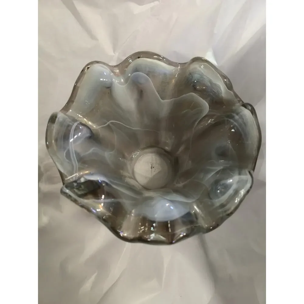 Vintage Italian Art Glass Ruffled Candle Holders Pair Smoke Gray Tammaro